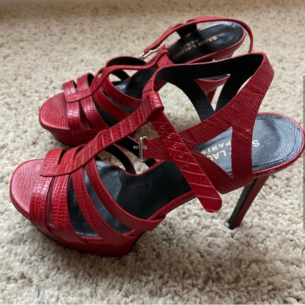 Saint Laurent Red Strappy Textured Leather Platform Heels - Picture 1 of 7